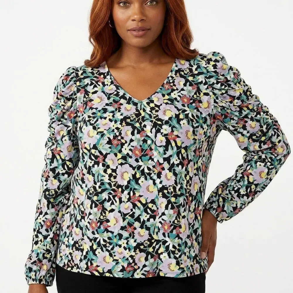 Loft Polyester Blend Multicolor Floral Stretch Blouse Women Size L